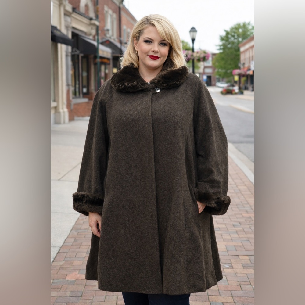 Albert Nipon Studio Brown Wool Coat Faux Fur Trim Plus Size 3X Vintage USA